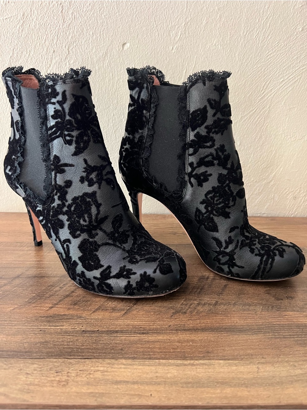 Red Valentino Black Leather Ankle Booties Velvet and Lace Trim